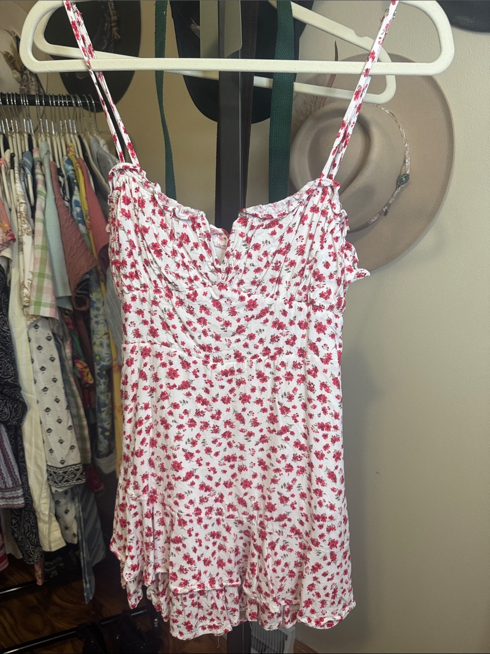 Altar'd State White and Red Floral Cami Romper